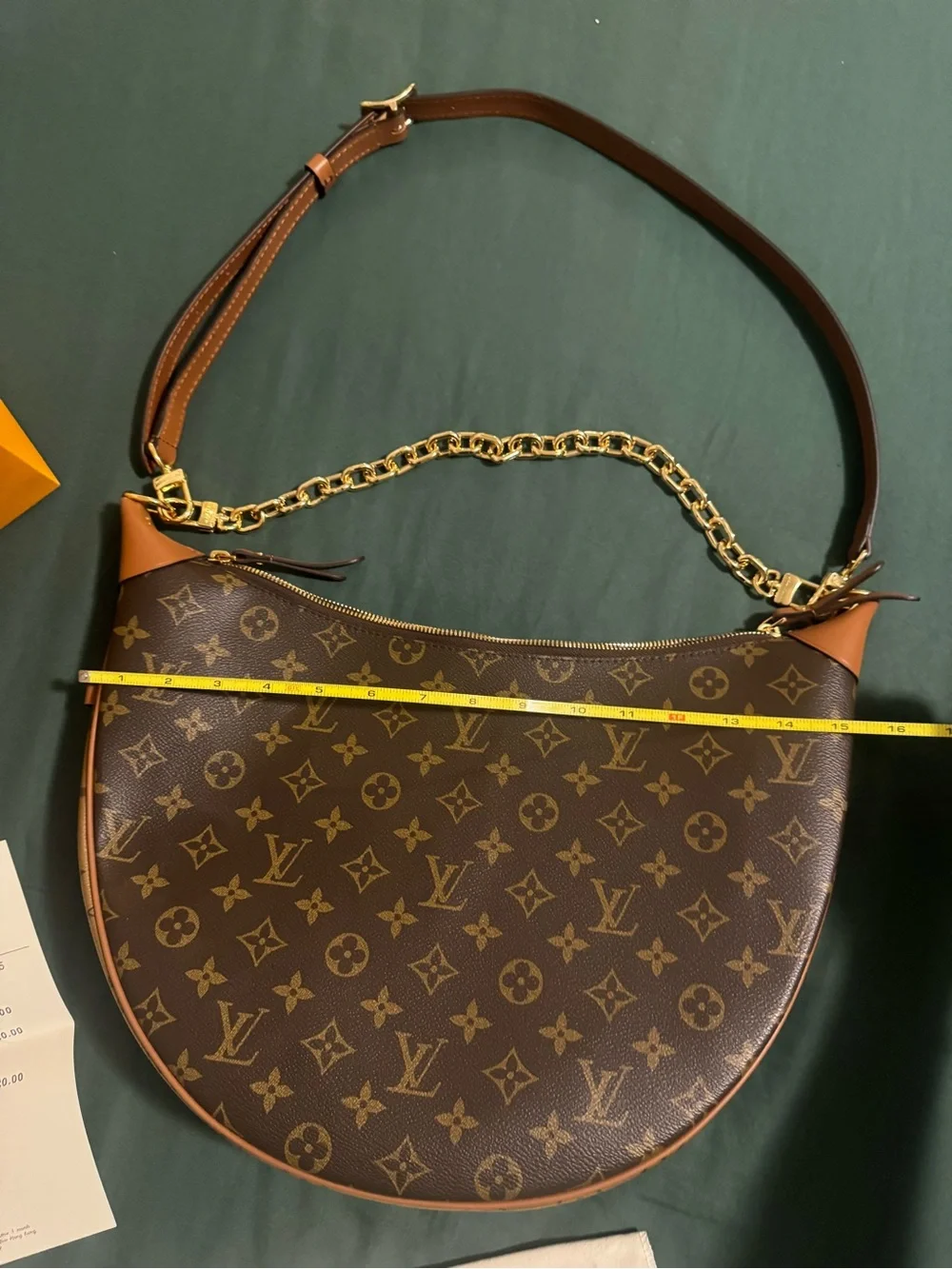 Louis Vuitton style Brown Monogram Crescent Shoulder Bag with Gold Chain